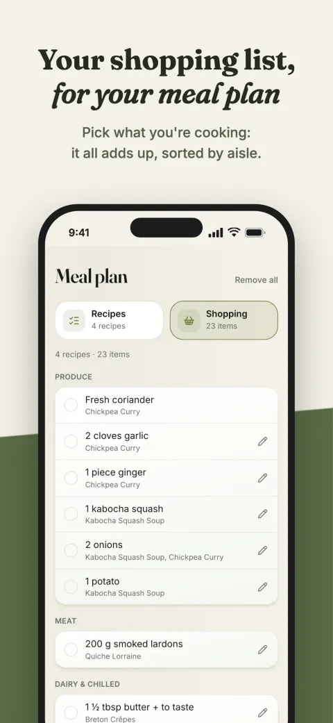 The shopping list: the ingredients of the recipes you picked, added up and sorted by aisle