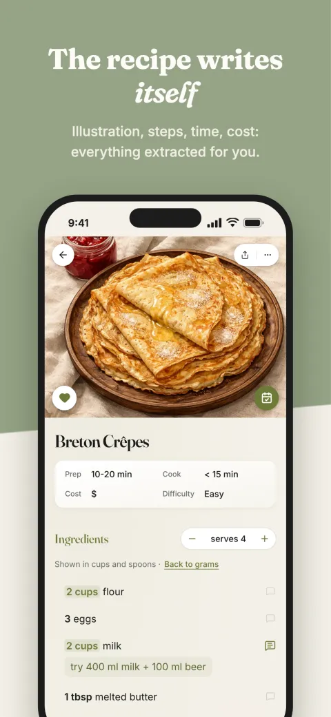 A recipe card that fills itself in: illustration, time, cost, ingredients