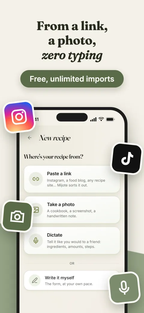 Add a recipe: from a photo, by voice, from a link or by hand