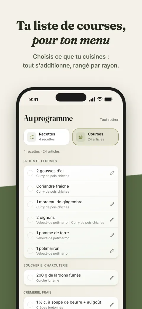 La liste de courses : les ingrédients des recettes choisies, additionnés et rangés par rayon
