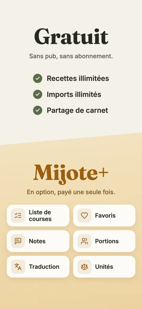 Gratuit : recettes illimitées, imports illimités, partage de carnet. Mijote+, en option, payé une seule fois : liste de courses, favoris, notes, portions, traduction, unités