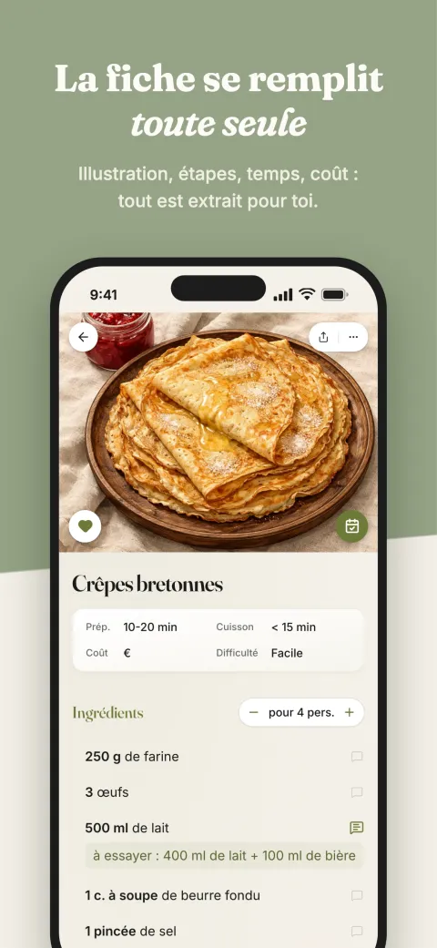 Une fiche recette remplie toute seule : illustration, temps, coût, ingrédients